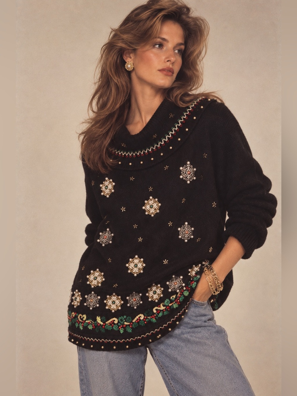 Vintage Y2K Christmas Sweater XL Black Beaded Snowflake Holly Oversized 1990s